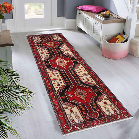 handmade Traditional Hamadan Red Blue Hand Knotted RUNNER 100% WOOL area rug 3 x 11