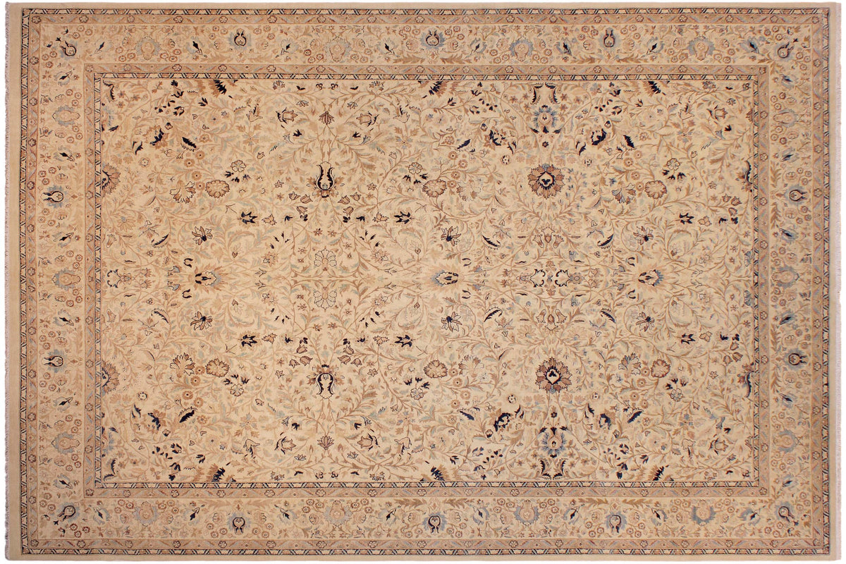 handmade Transitional Tabriz Taupe Blue Hand Knotted RECTANGLE 100% WOOL area rug 9x12