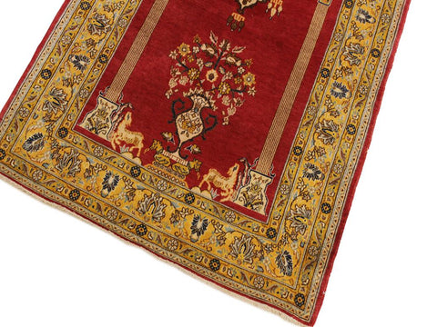 handmade Geometric Kargahi Red Gold Hand Knotted RECTANGLE 100% WOOL area rug 4x5