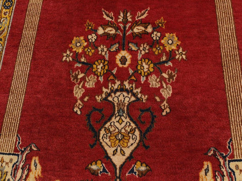 handmade Geometric Kargahi Red Gold Hand Knotted RECTANGLE 100% WOOL area rug 4x5