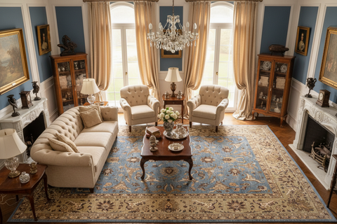 handmade Traditional Kafkaz Lt. Blue Lt. Tan Hand-Woven RECTANGLE 100% WOOL area rug 12x15