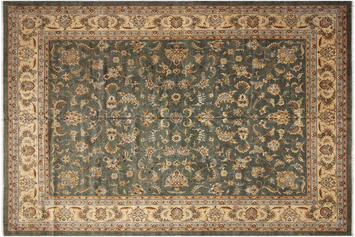 handmade Traditional Design Green Tan Hand Knotted RECTANGLE 100% WOOL area rug 12' x 15'
