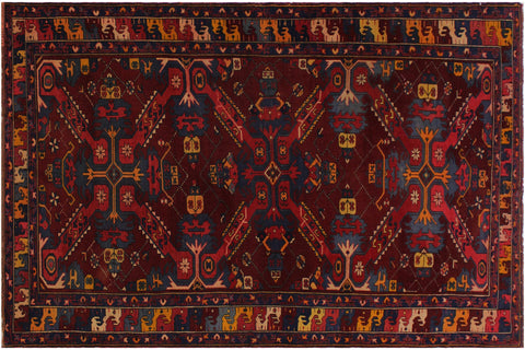 handmade Traditional Antique Sherwan Red Blue Hand Knotted RECTANGLE 100% WOOL area rug 5x8