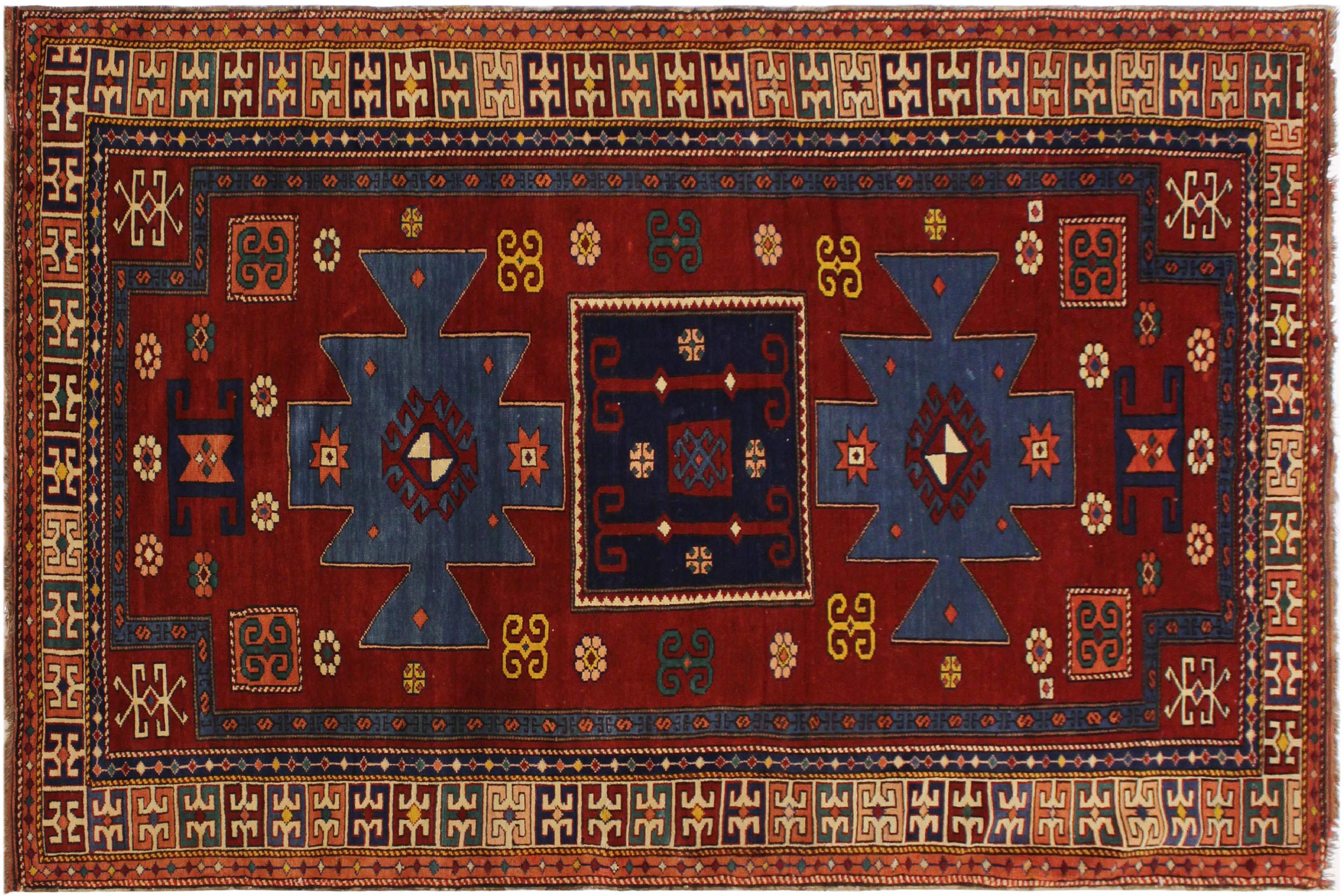 handmade Geometric Antique Antique Rust Blue Hand Knotted RECTANGLE 100% WOOL area rug 4x7