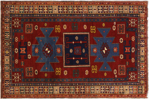 handmade Geometric Antique Antique Rust Blue Hand Knotted RECTANGLE 100% WOOL area rug 4x7