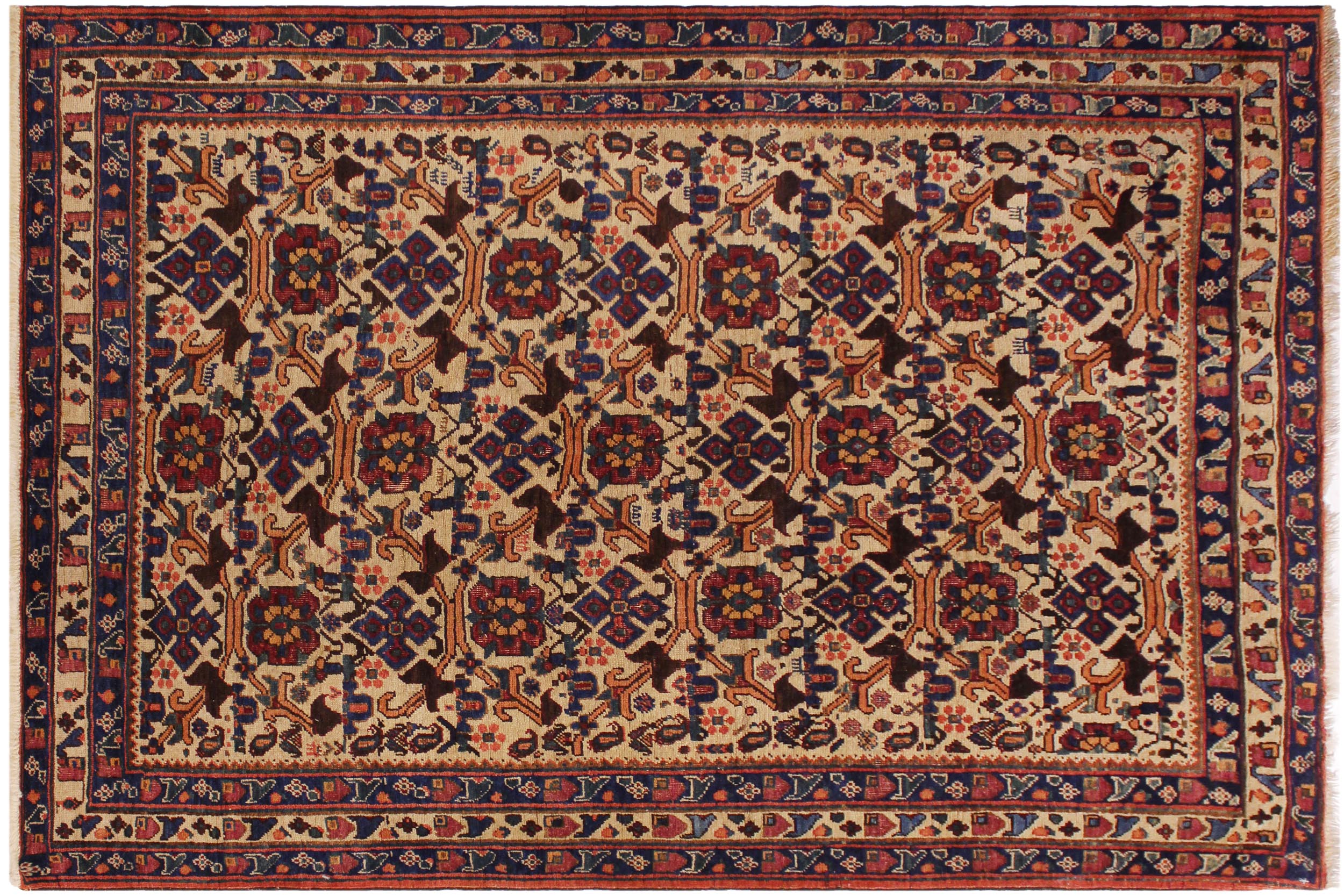 handmade Geometric Antique  Ivory Blue Hand Knotted RECTANGLE 100% WOOL area rug 4x6