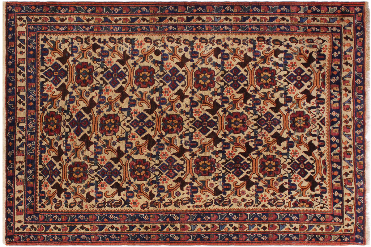 handmade Geometric Antique  Ivory Blue Hand Knotted RECTANGLE 100% WOOL area rug 4x6