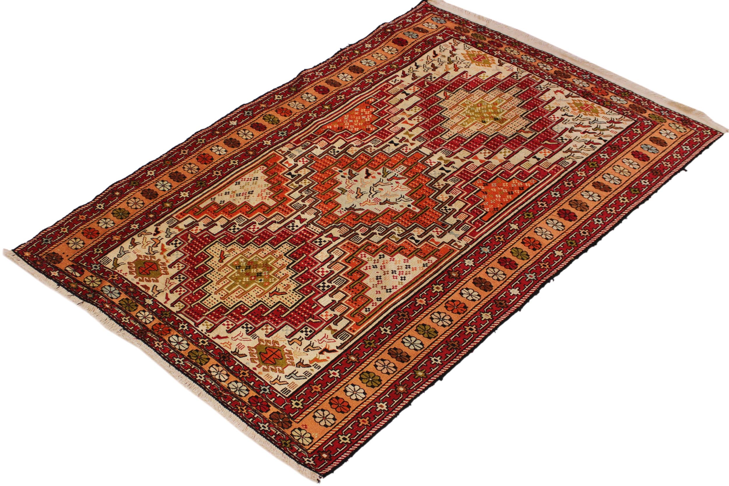 handmade Geometric Antique Soumakh Beige Orange Hand-Woven RECTANGLE 100% WOOL area rug 3x5
