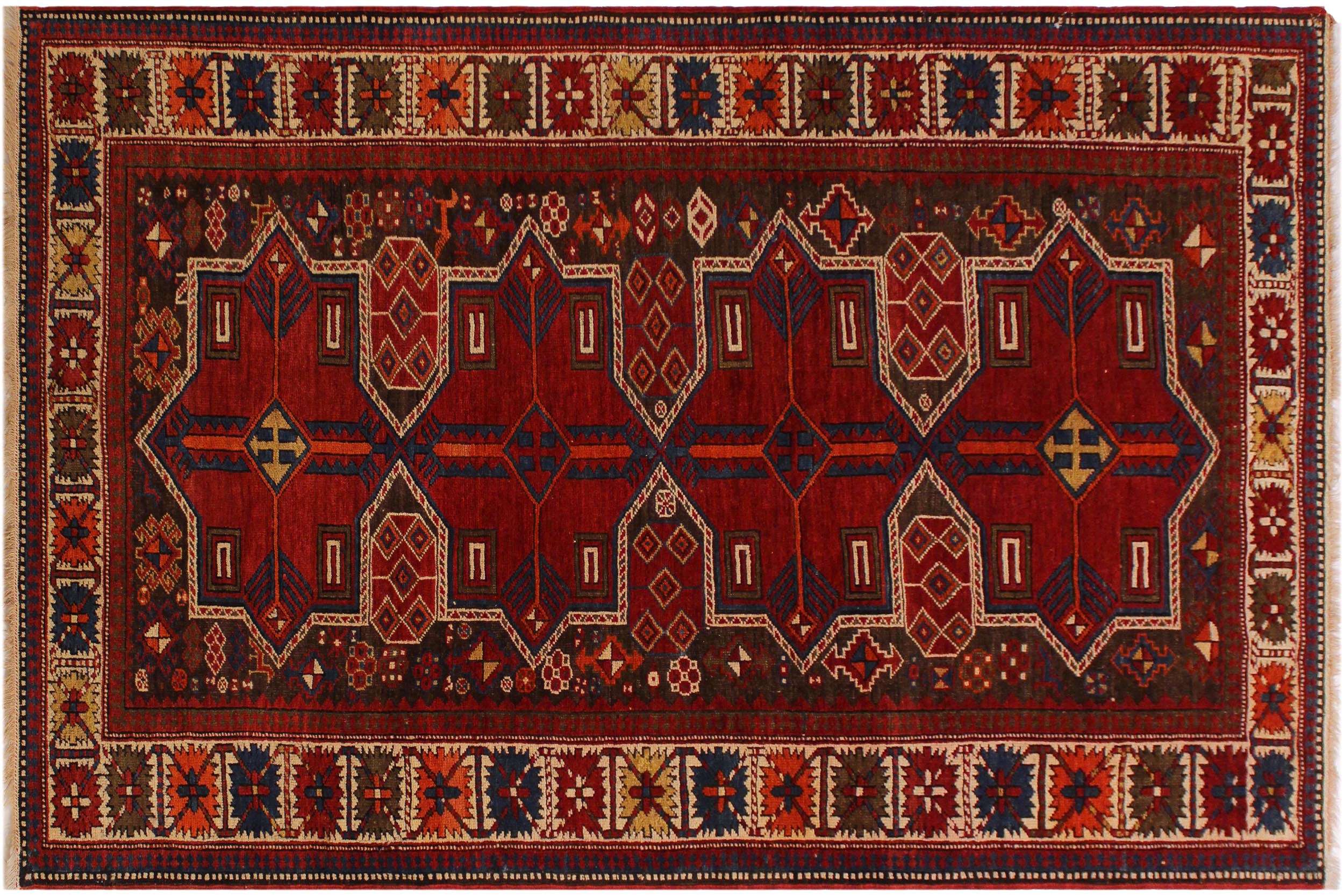 handmade Geometric Antique Super Kazak Rust Ivory Hand Knotted RUNNER 100% WOOL area rug 4x7