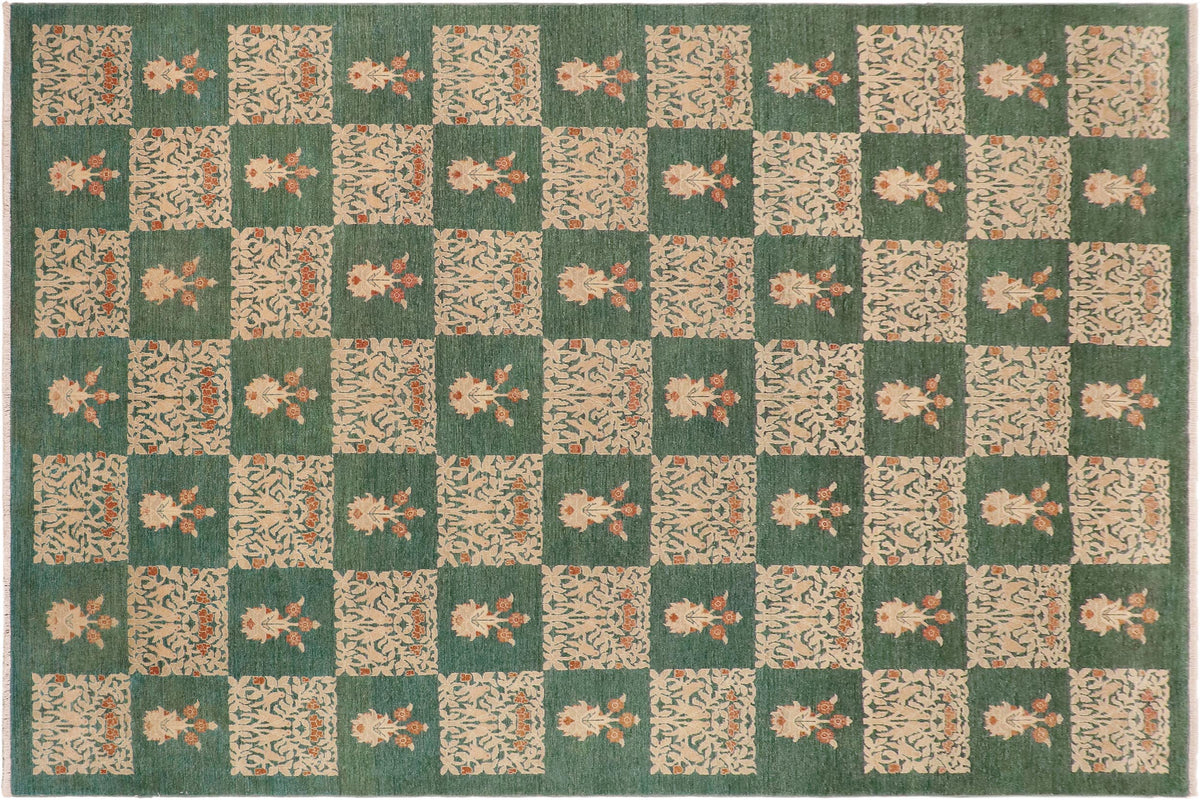 handmade Modern Kafkaz Green Lt. Tan Hand Knotted RECTANGLE 100% WOOL area rug 9' x 12'