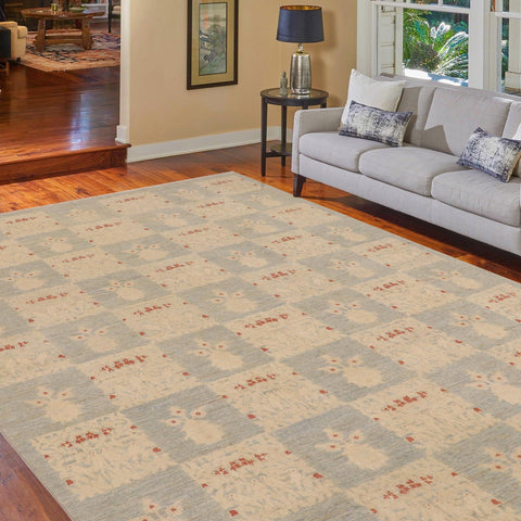 handmade Modern Kafkaz Lt. Blue Beige Hand Knotted RECTANGLE 100% WOOL area rug 9' x 12'