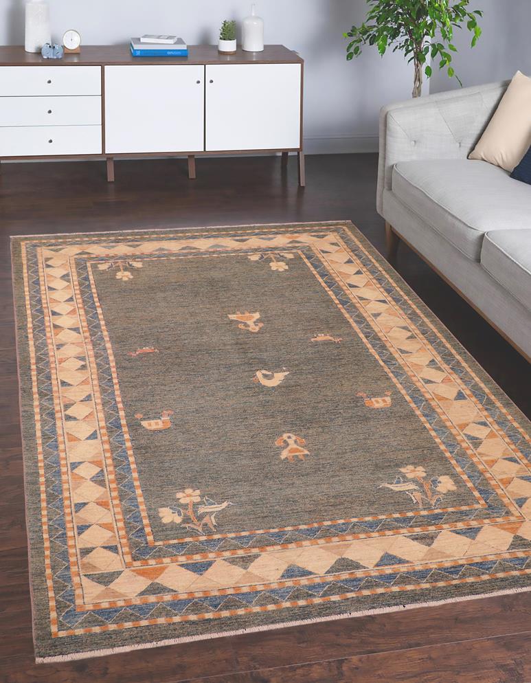 handmade Modern Gabbeh Blue Orange Hand Knotted RECTANGLE 100% WOOL area rug 6 X9 