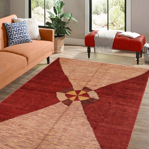 handmade Modern Gabbeh Red Beige Hand Knotted RECTANGLE 100% WOOL area rug 7' x 10'