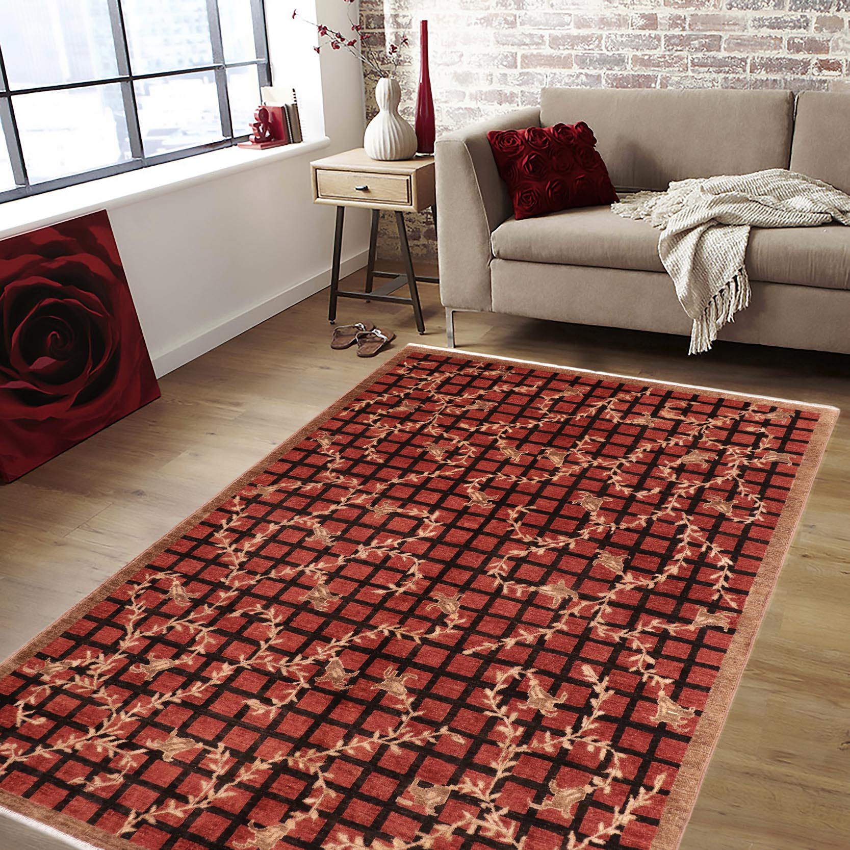 handmade Modern Lahore Red Brown Hand Knotted RECTANGLE 100% WOOL area rug 6' x 9'