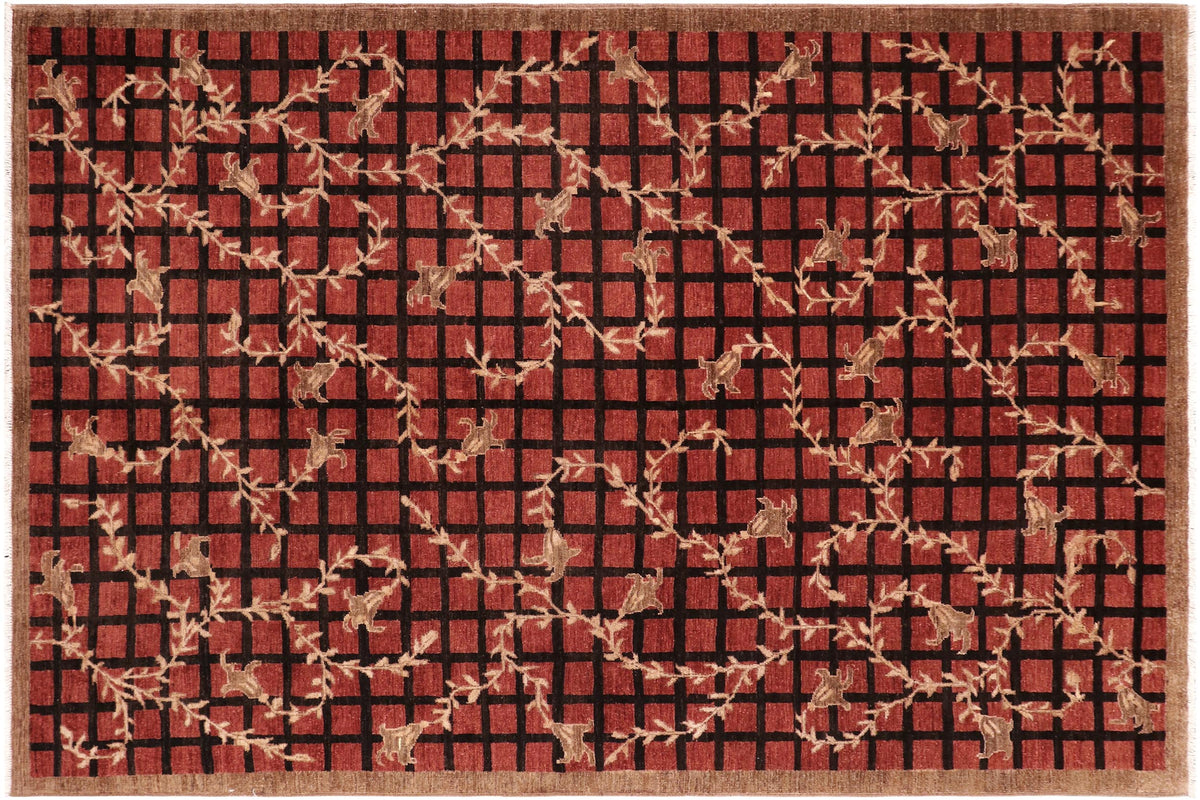 handmade Modern Lahore Red Brown Hand Knotted RECTANGLE 100% WOOL area rug 6' x 9'