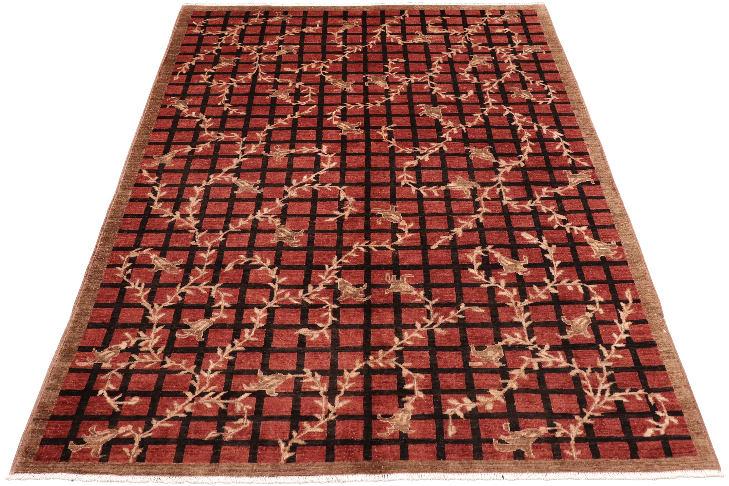 handmade Modern Lahore Red Brown Hand Knotted RECTANGLE 100% WOOL area rug 6' x 9'