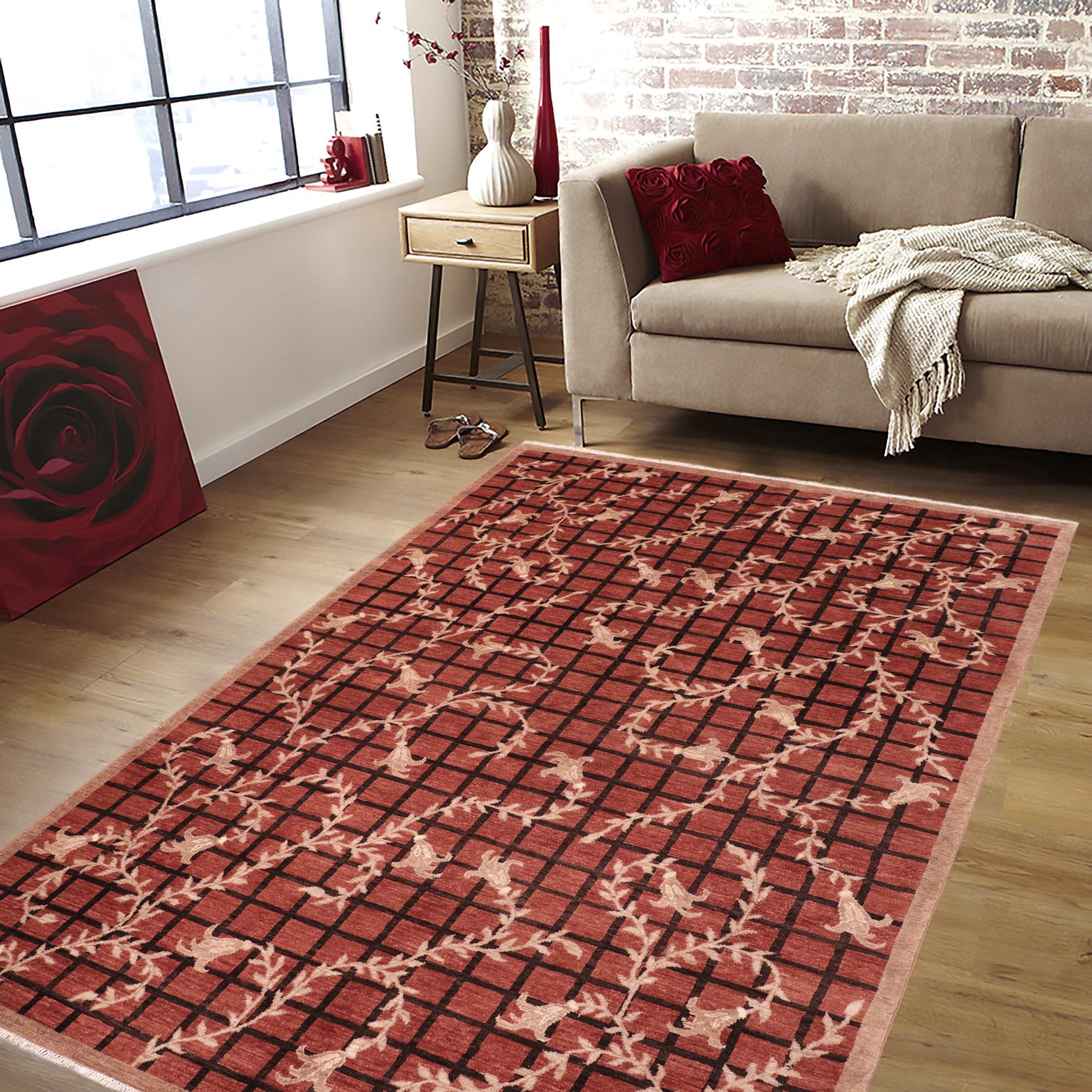 handmade Modern Kafkaz Rust Black Hand Knotted RECTANGLE 100% WOOL area rug 6' x 9'