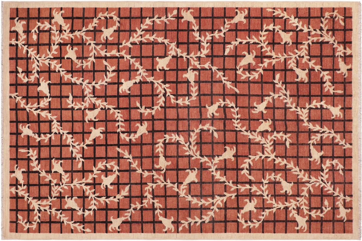 handmade Modern Kafkaz Orange Tan Hand Knotted RECTANGLE 100% WOOL area rug 6' x 9'