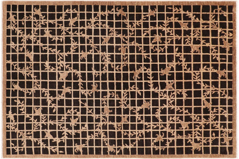 handmade Modern Kafkaz Black Tan Hand Knotted RECTANGLE 100% WOOL area rug 6' x 9'