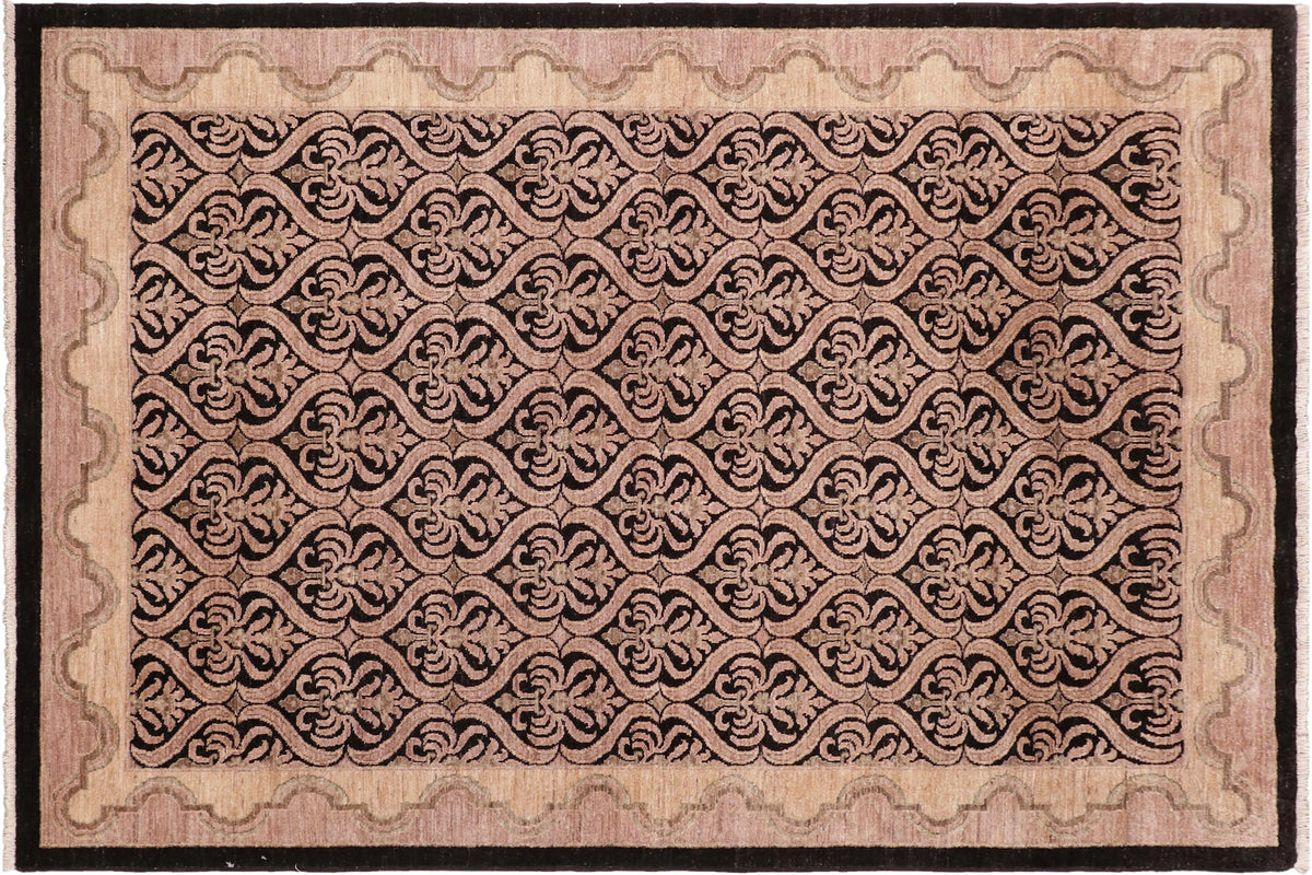 handmade Transitional Kafkaz Black Tan Hand Knotted RECTANGLE 100% WOOL area rug 6' x 9'