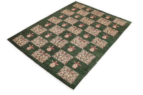 handmade Modern Kafkaz Green Tan Hand Knotted RECTANGLE 100% WOOL area rug 6' x 9'