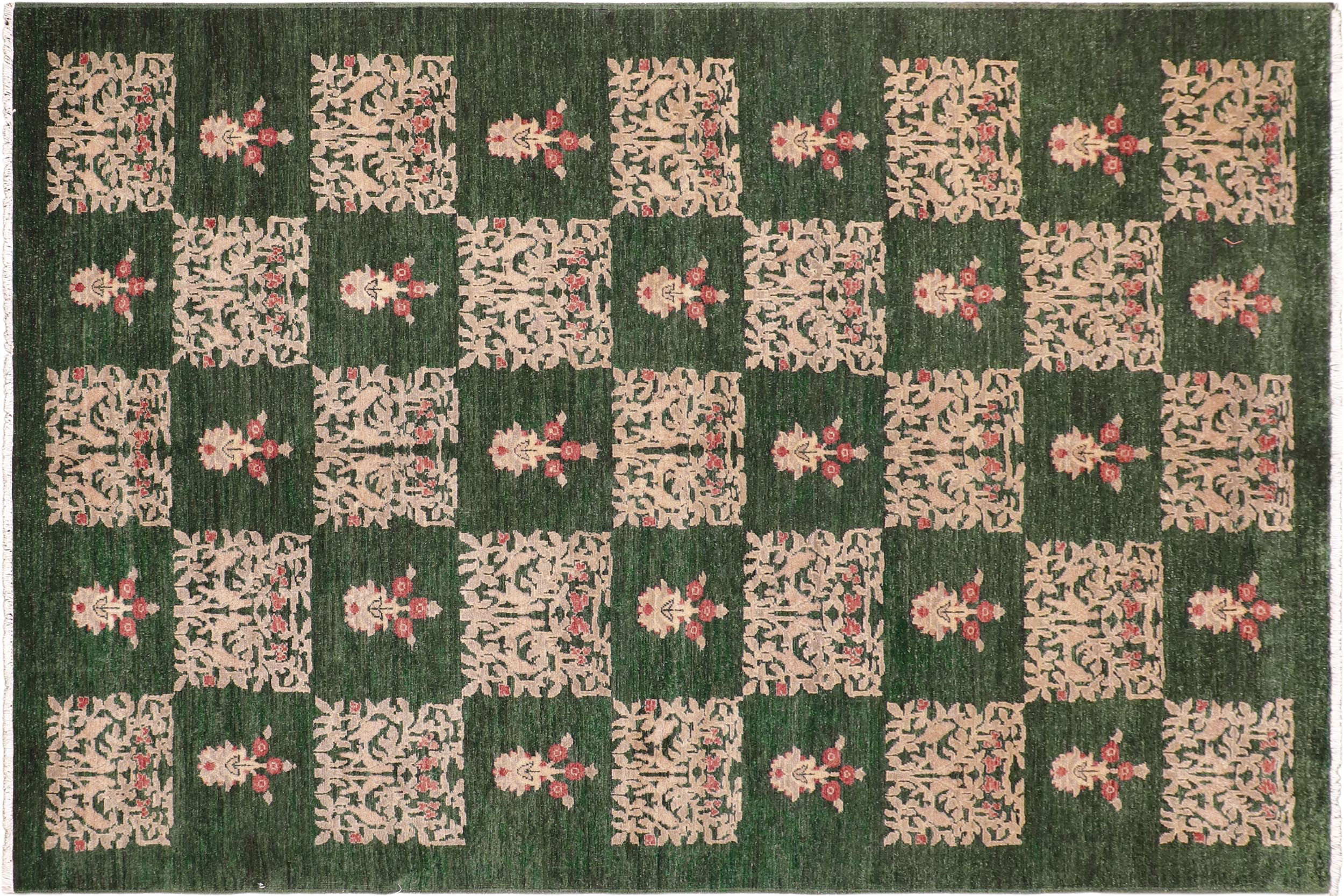 handmade Modern Kafkaz Green Tan Hand Knotted RECTANGLE 100% WOOL area rug 6' x 9'