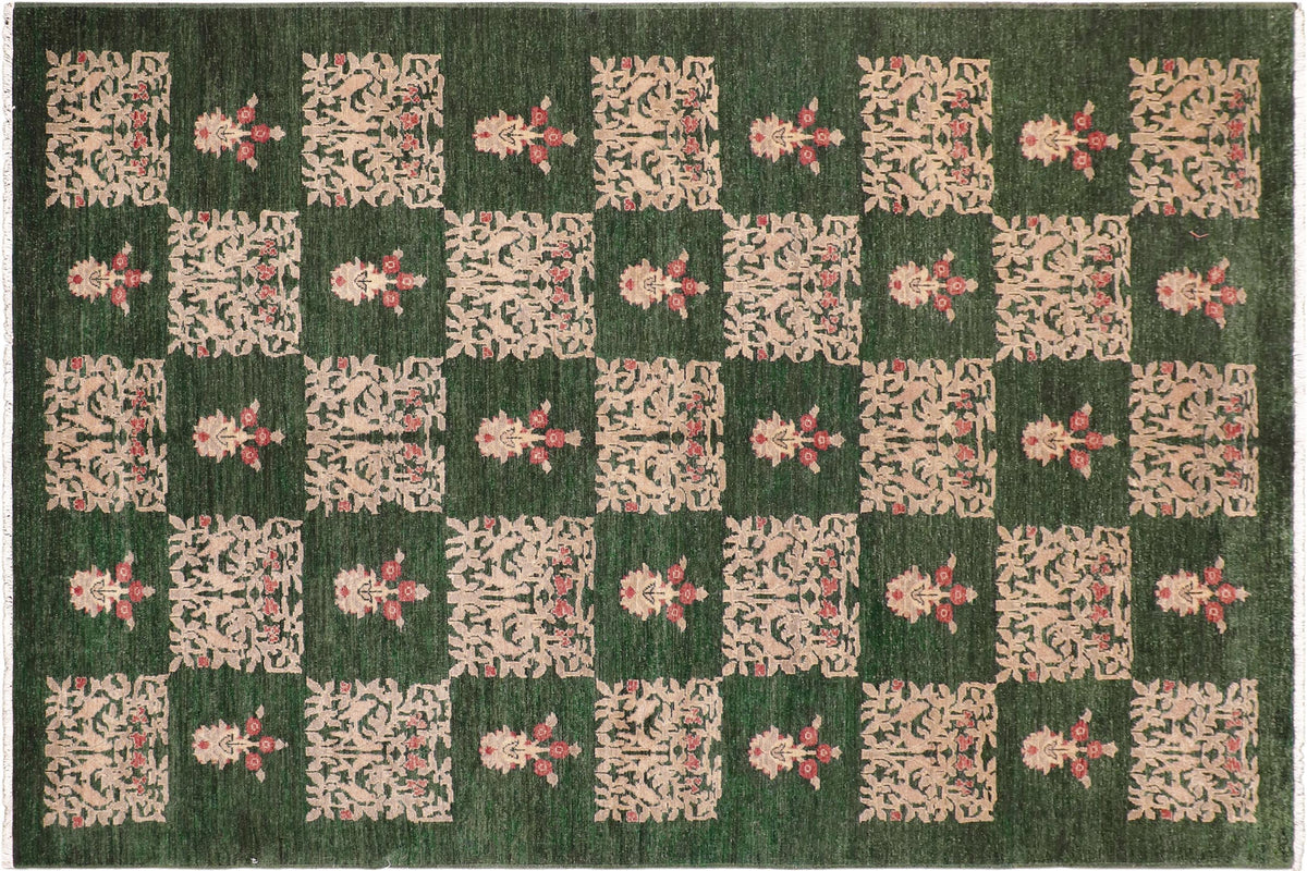 handmade Modern Kafkaz Green Tan Hand Knotted RECTANGLE 100% WOOL area rug 6' x 9'