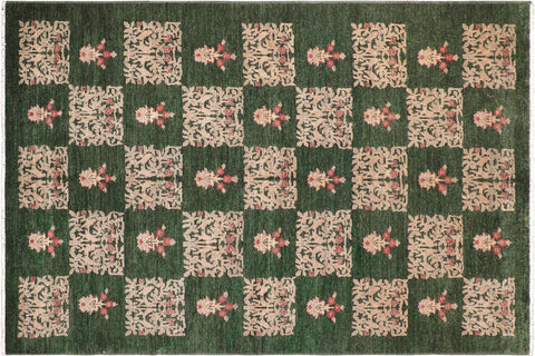 handmade Modern Kafkaz Green Tan Hand Knotted RECTANGLE 100% WOOL area rug 6' x 9'