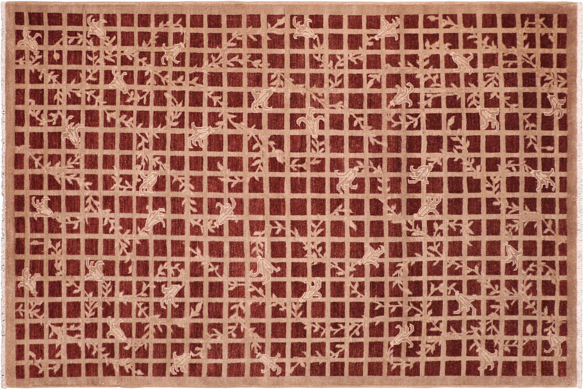 handmade Modern Kafkaz Red Tan Hand Knotted RECTANGLE 100% WOOL area rug 6' x 9'