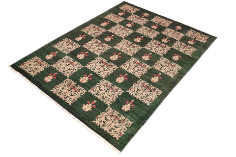 handmade Modern Kafkaz Green Tan Hand Knotted RECTANGLE 100% WOOL area rug 6' x 9'