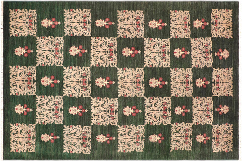 handmade Modern Kafkaz Green Tan Hand Knotted RECTANGLE 100% WOOL area rug 6' x 9'