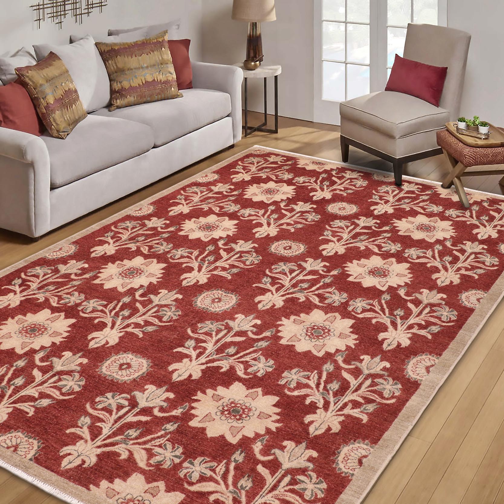 handmade Modern Kafkaz Rust Tan Hand Knotted RECTANGLE 100% WOOL area rug 6' x 9'