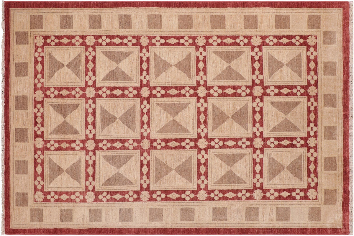 handmade Modern Kafkaz Red Tan Hand Knotted RECTANGLE 100% WOOL area rug 6' x 9'