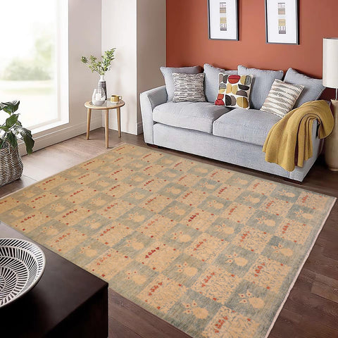 handmade Modern Kafkaz Blue Tan Hand Knotted RECTANGLE 100% WOOL area rug 10' x 14'