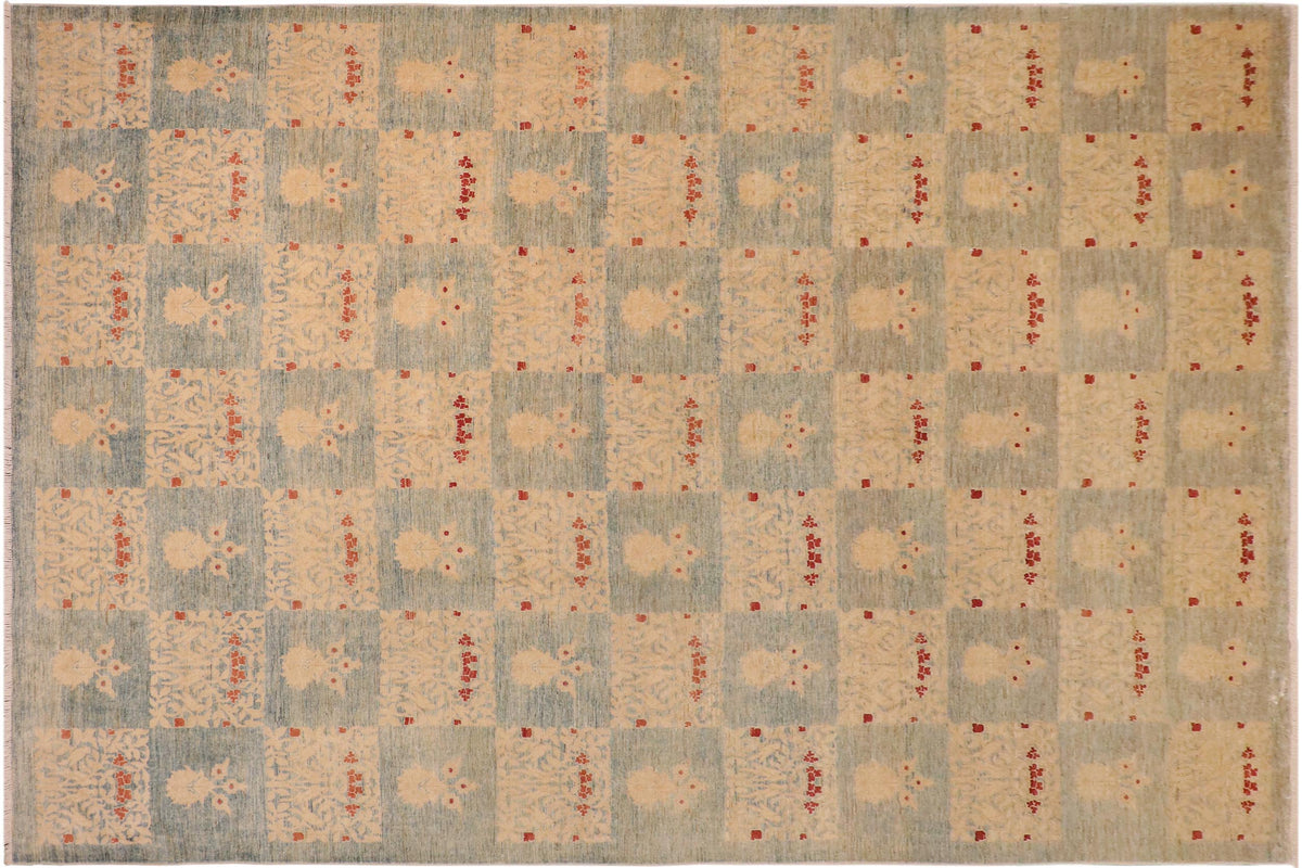 handmade Modern Kafkaz Blue Tan Hand Knotted RECTANGLE 100% WOOL area rug 10' x 14'