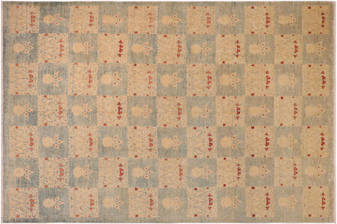 handmade Modern Kafkaz Blue Tan Hand Knotted RECTANGLE 100% WOOL area rug 10' x 14'