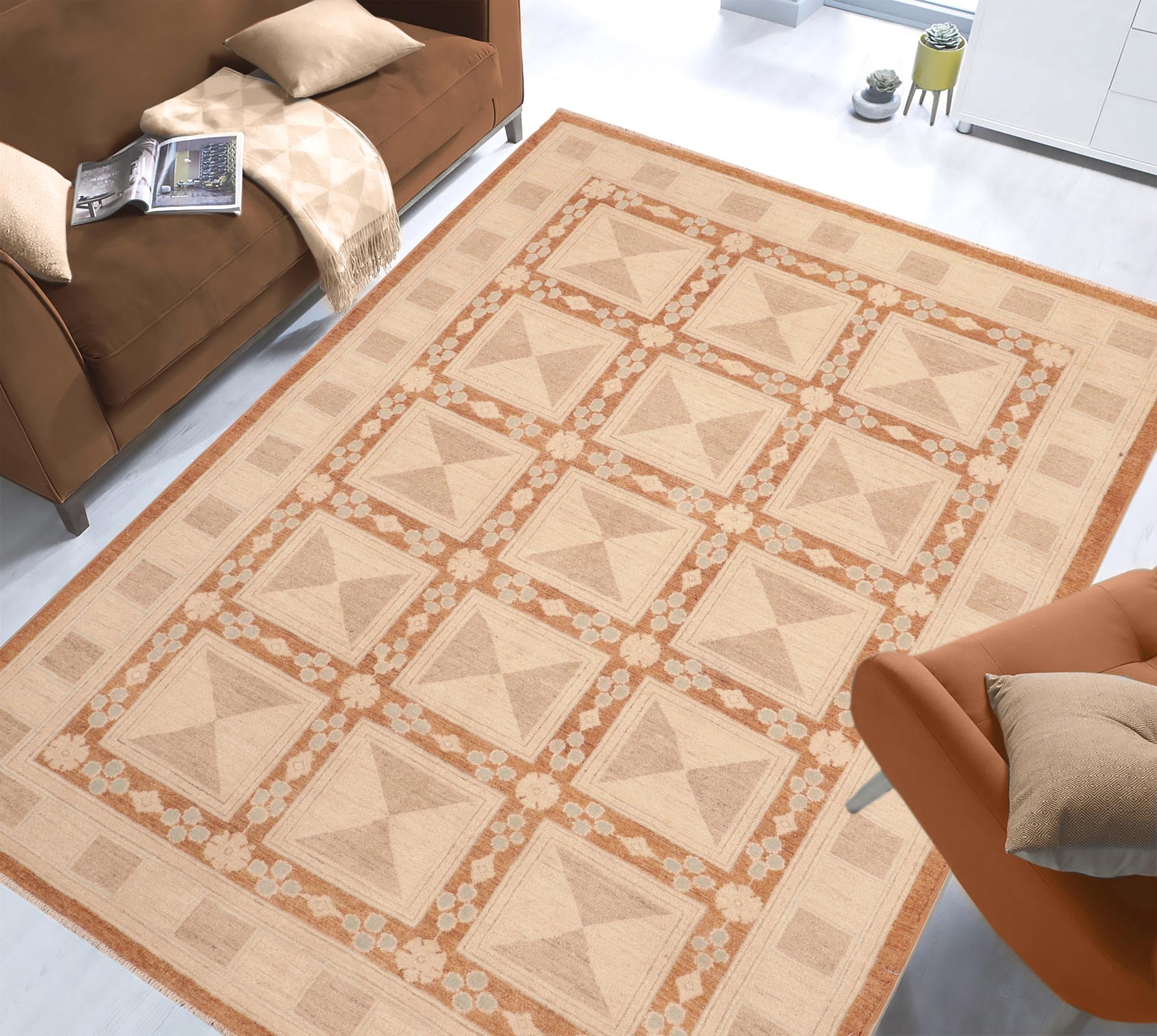 handmade Modern Kafkaz Rust Tan Hand Knotted RECTANGLE 100% WOOL area rug 6' x 9'