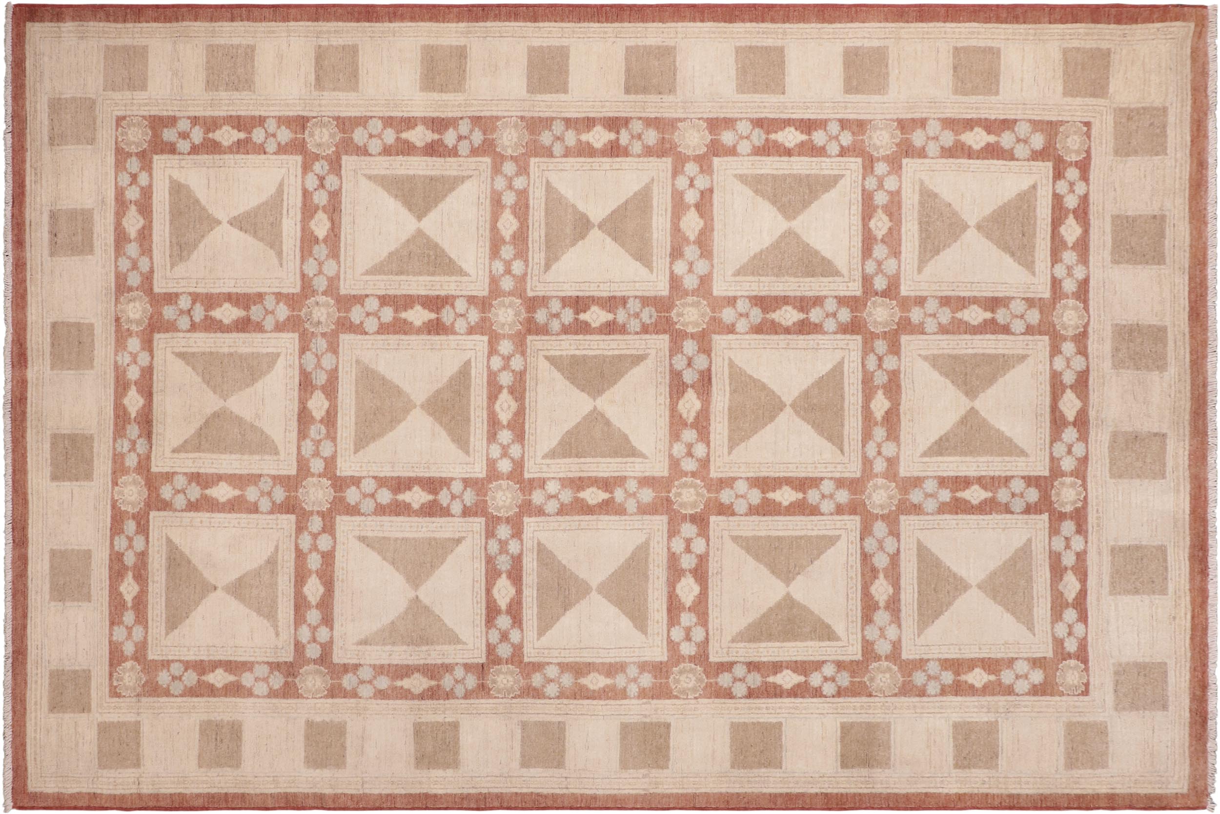 handmade Modern Kafkaz Rust Tan Hand Knotted RECTANGLE 100% WOOL area rug 6' x 9'
