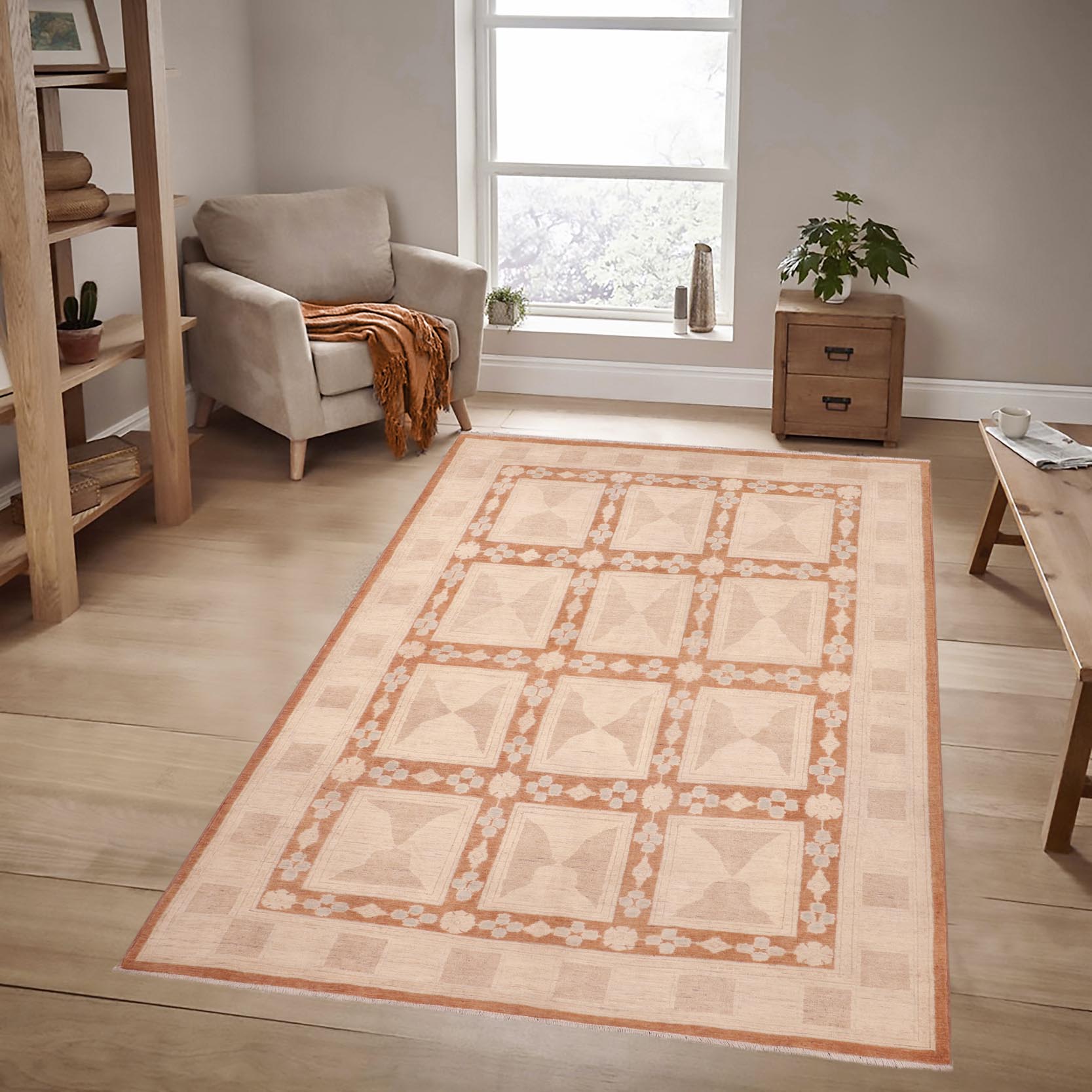 handmade Modern Kafkaz Rust Tan Hand Knotted RECTANGLE 100% WOOL area rug 6' x 9'