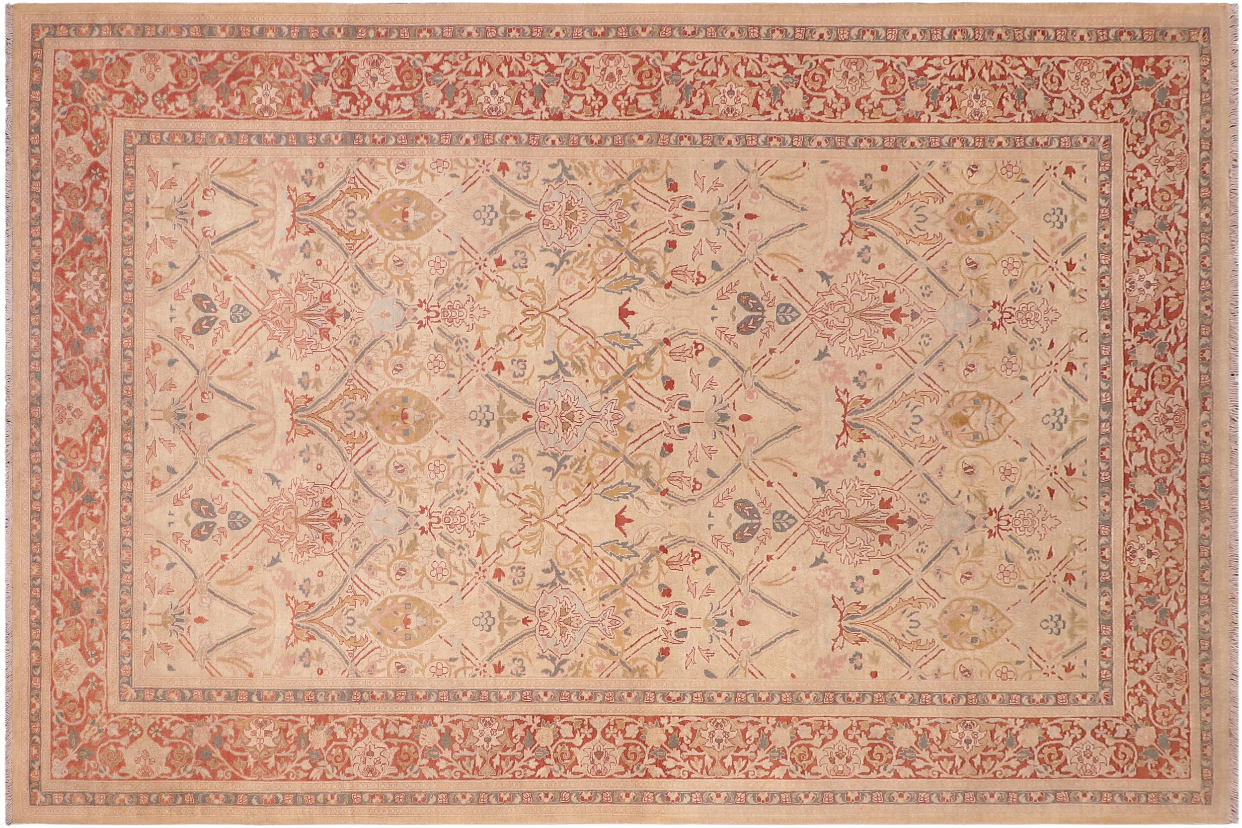 handmade Transitional Mujahid Tan Red Hand Knotted RECTANGLE 100% WOOL area rug 6x9