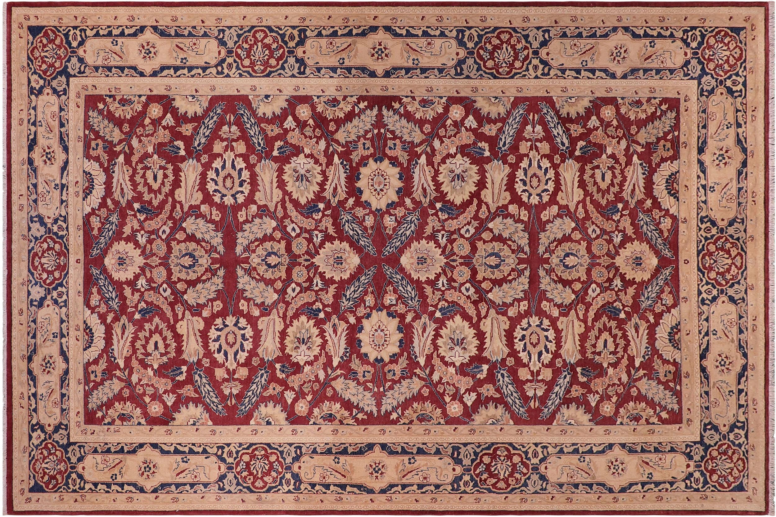 handmade Traditional Lahore Drk. Red Blue Hand Knotted RECTANGLE 100% WOOL area rug 6' x 9'