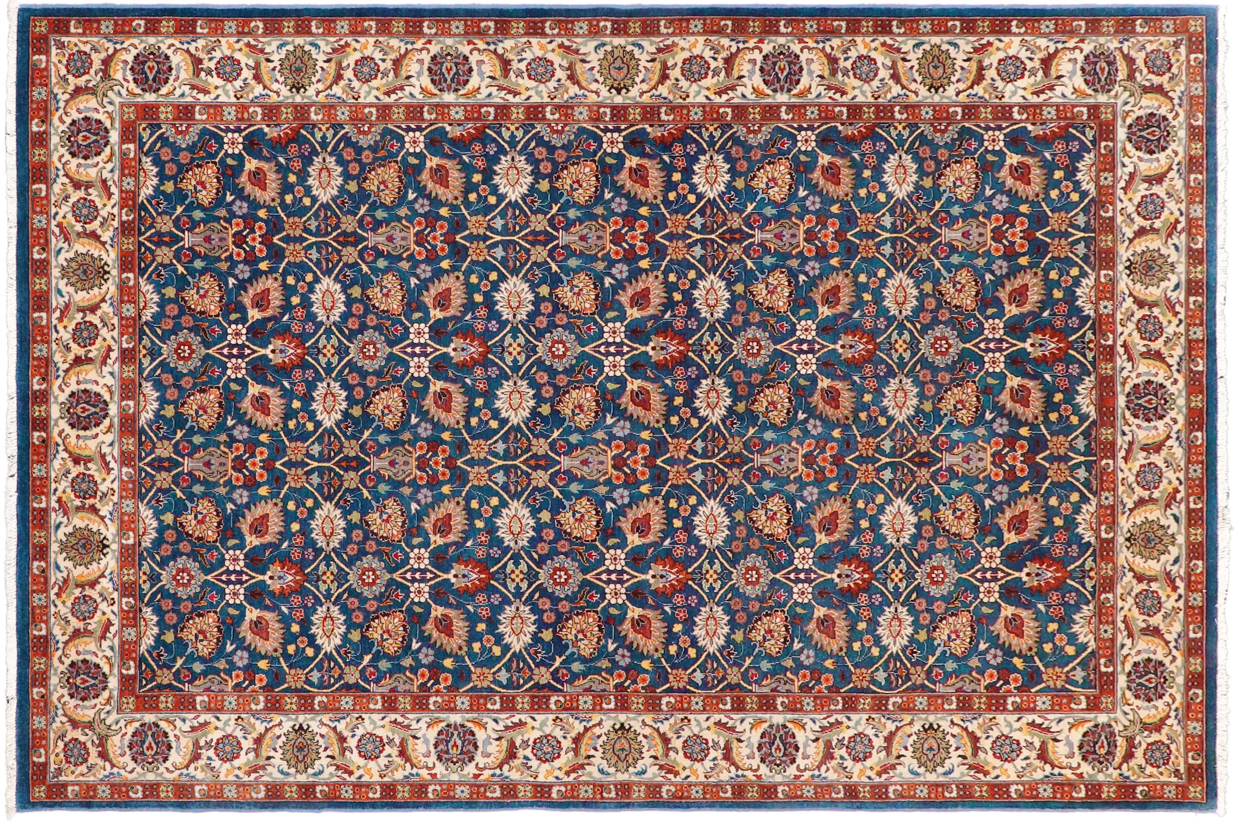 handmade Transitional Design Teal Blue Ivory Hand Knotted RECTANGLE 100% WOOL area rug 6' x 9'