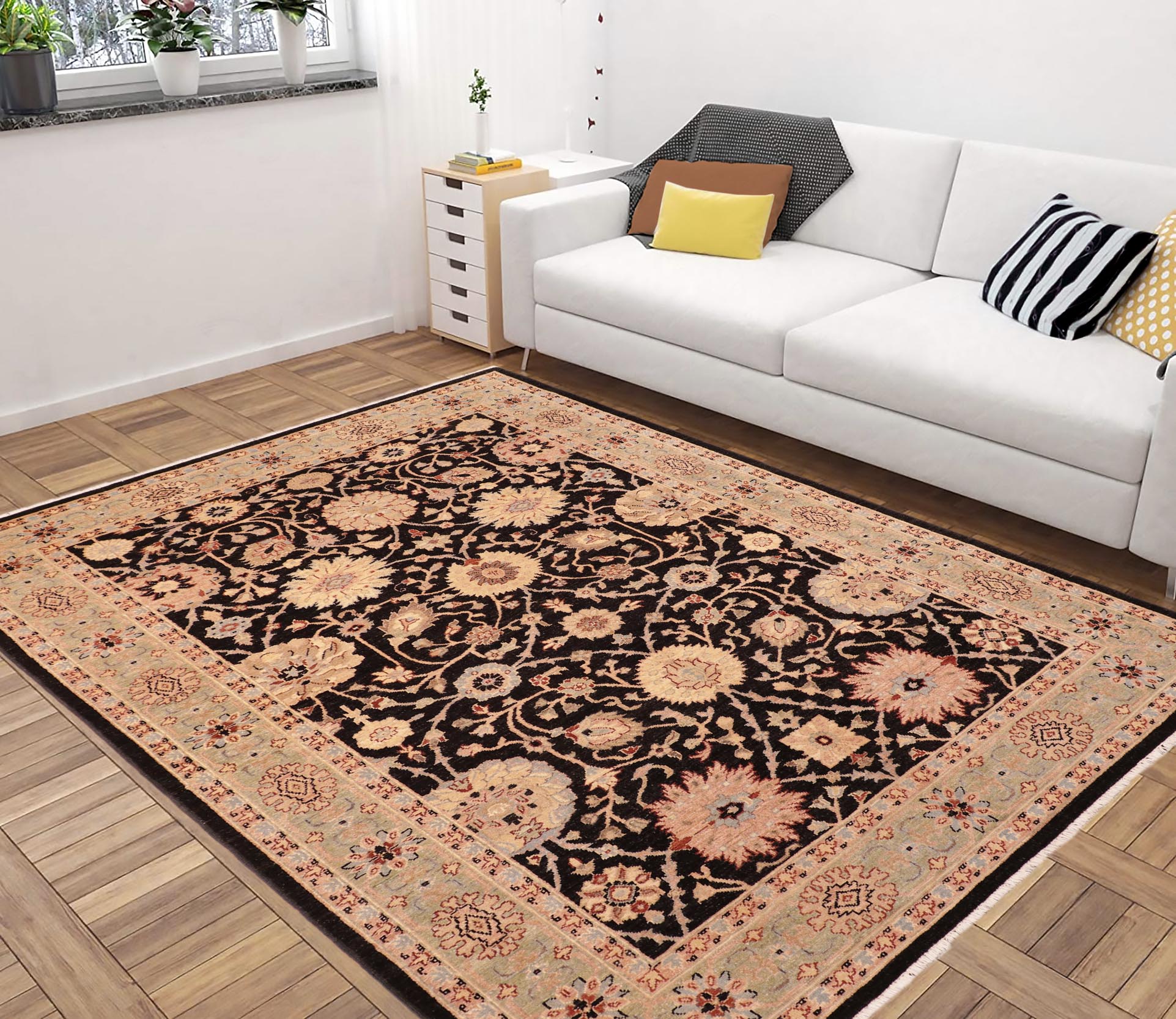 handmade Traditional Kafkaz Black Green Hand Knotted RECTANGLE 100% WOOL area rug 6x9