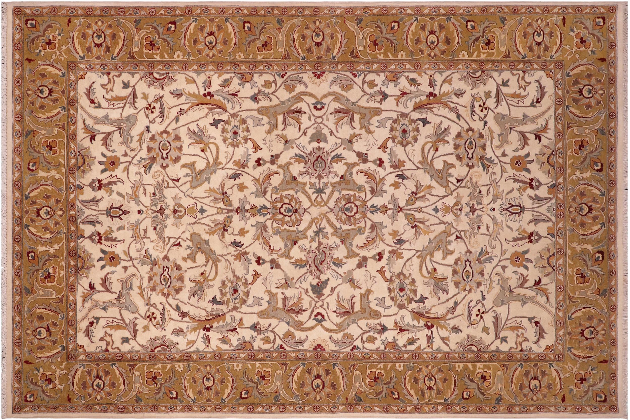 handmade Traditional Design Ivory Lt. Green Hand Knotted RECTANGLE 100% WOOL area rug 6' x 9'