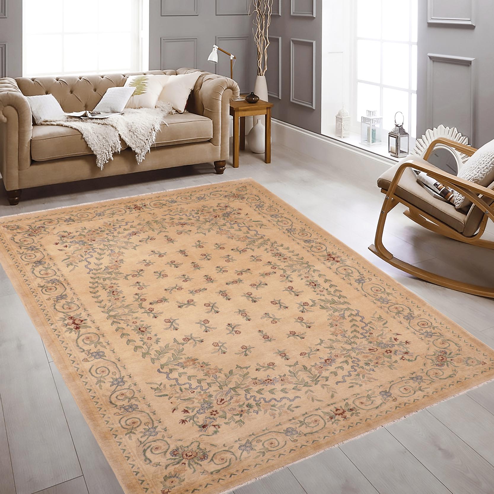 handmade Transitional Kafkaz Tan Green Hand Knotted RECTANGLE 100% WOOL area rug 6' x 9'