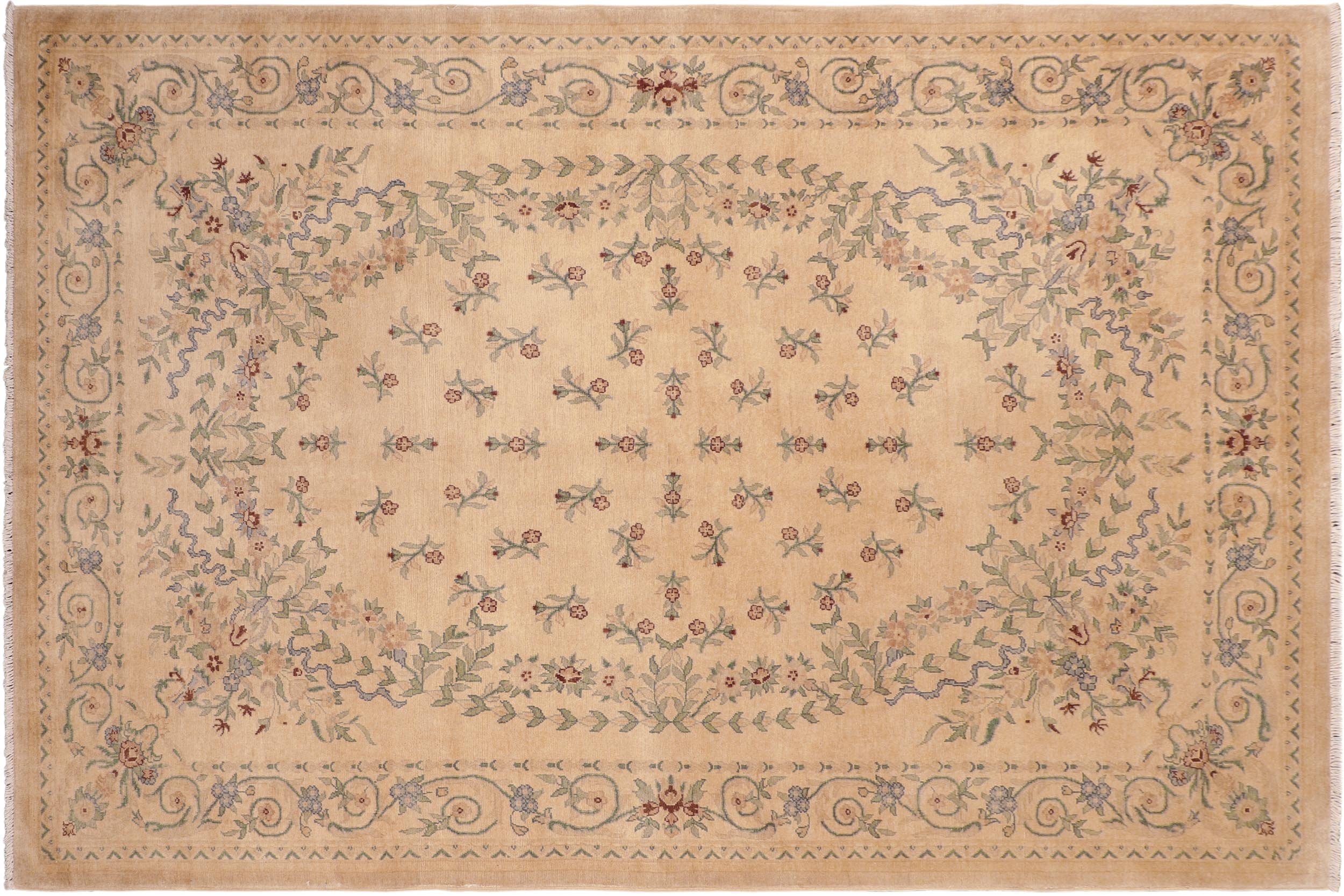 handmade Transitional Kafkaz Tan Green Hand Knotted RECTANGLE 100% WOOL area rug 6' x 9'