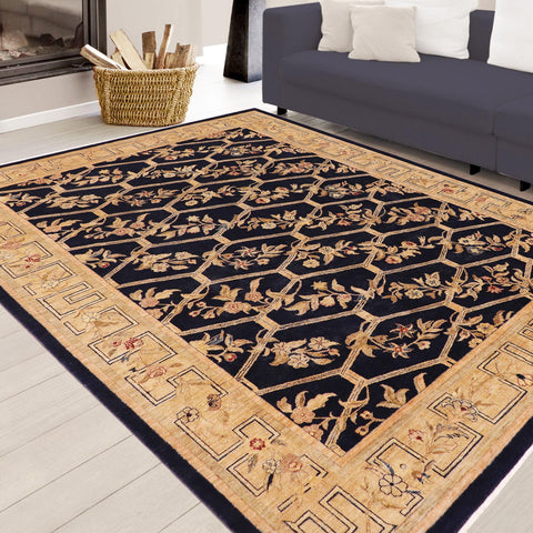 handmade Transitional Kafkaz Blue Gold Hand Knotted RECTANGLE 100% WOOL area rug 9' x 12'