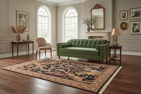 handmade Traditional Bhati Black Green Hand Knotted RECTANGLE 100% WOOL area rug 6x9