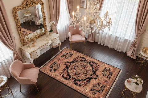 handmade Traditional Savonarrie Black Pink Hand Knotted RECTANGLE 100% WOOL area rug 6x9