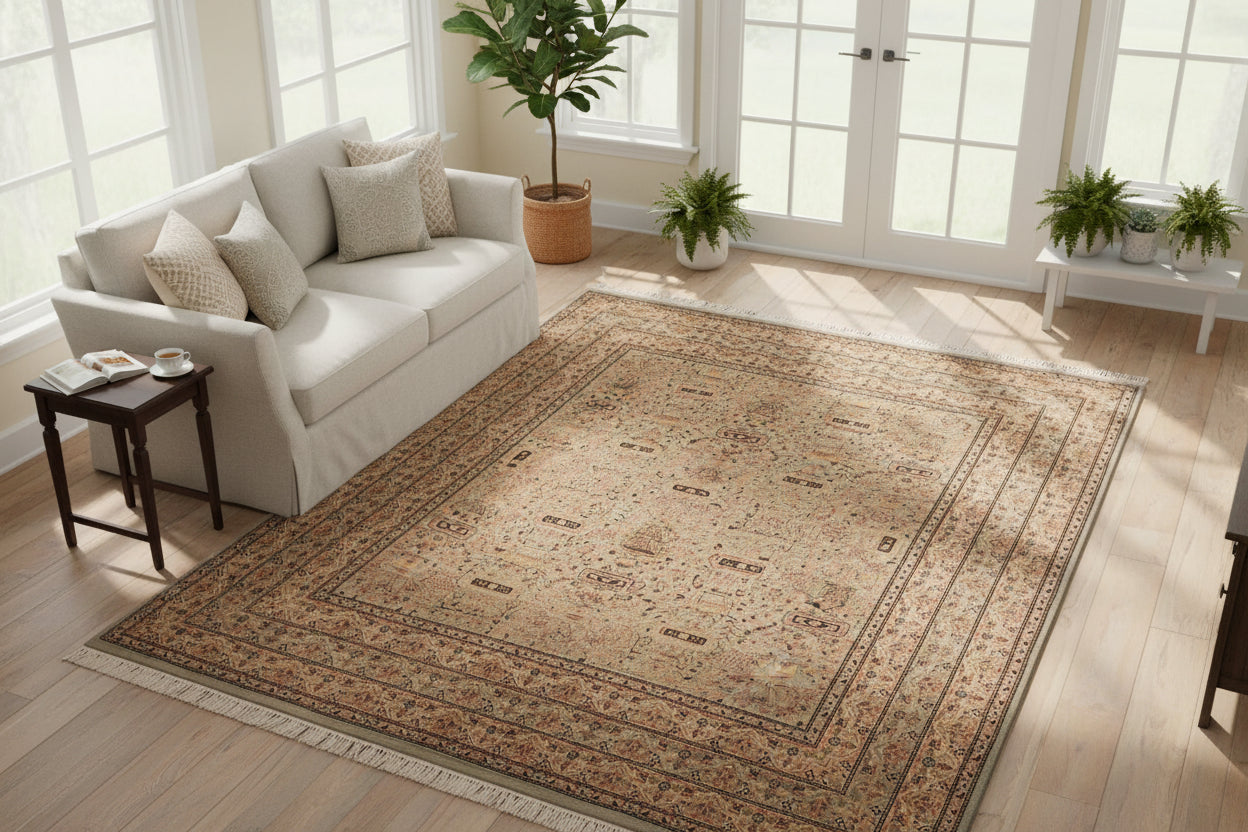 handmade Transitional Agra Green Beige Hand Knotted RECTANGLE 100% WOOL area rug 6x10